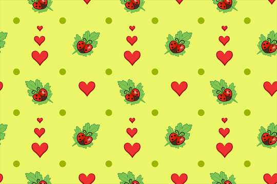 pattern with ladybugs on the leaves, pattern of funny bugs on a green background, a seamless blank for children's decor, happy bugs, vegetation, hearts and mugs in the garden