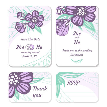 blank for wedding invitations on a white background, lace pattern of purple flowers, decorative wedding cards, a set of cards for the celebration, themes for wedding posters