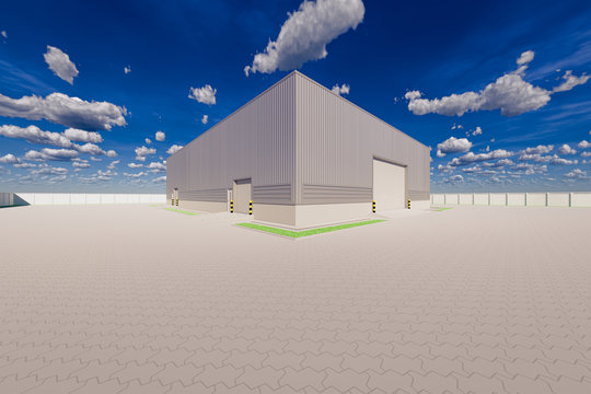 Industrial Or Commercial Building Exterior. Use As Factory, Warehouse, Hangar, Store And Workplace. Safety And Protection With Security Door, Roller Door, Roller Shutter Or Overhead Door. 3d Render.