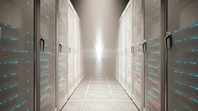 Countless vintage server cabinets in a dark render farm corridor. 4KHD