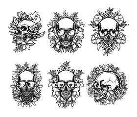 Set of skull and exotic tropical flowers, isolated on white background