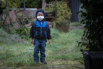A young boy wearing a backpack, face mask, hoodie jacket, and rain boots, standing outdoors while its raining.