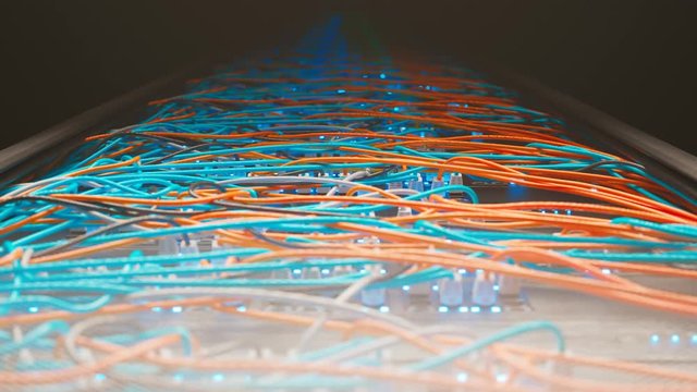 Data center network cables and patch panel with blue LED lights