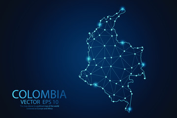 Abstract mash line and point scales on dark background with map of Colombia. Wire frame 3D mesh polygonal network line, design sphere, dot and structure. Vector illustration eps 10.