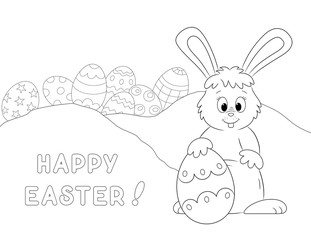 Obraz na płótnie Canvas decorated easter eggs and a cute cartoon rabbit. coloring page for kids