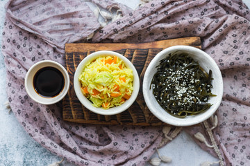 Long steamed rice with laminaria  chuka seaweed salad 