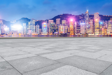 Brick Pavement and Hong Kong City Skyline