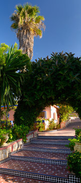 Vertical panorama of tiled steps and gardens at Hippocampe resort Oualidia Morocco