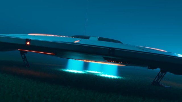 Flying saucer with flashy spotlights is landing. on the grassy meadow Render 4k