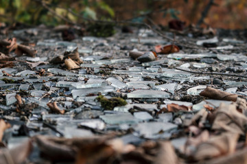 Many pieces of broken glass outside an abandoned building. Act of vandalism, selective focus, shallow depth of field.