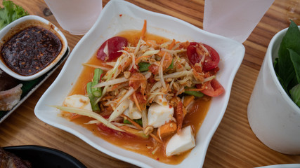 Thai food spicy green papaya salad