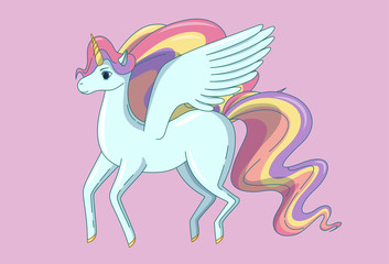 Winged unicorn with waving mane and tail. Vector illustration in cartoon style