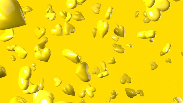 Falling yellow heart objects in yellow background. Cute heart-shape abstract animation.