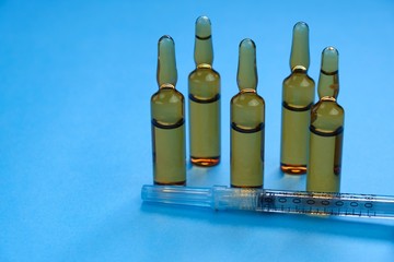 Medicine and health concept. pharmaceutical  ampoules set . Pharmacological serum in ampoules. Copy...