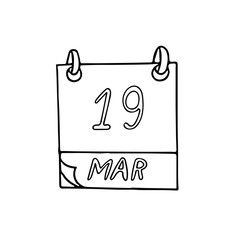 calendar hand drawn in doodle style. March 19. day, date. icon, sticker, element