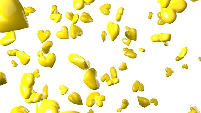 Falling yellow heart objects in white background. Cute heart-shape abstract animation.