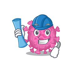 Smiling Architect of corona virus organic having blue prints and blue helmet