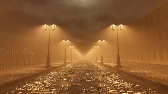 Vintage cobblestone street with classic lanterns and rainy weather. 4KHD