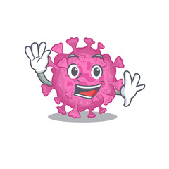 Smiley corona virus organic cartoon mascot design with waving hand