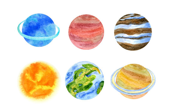 Space set. Planets on a white background. Children's watercolor illustration. Heavenly bodies.