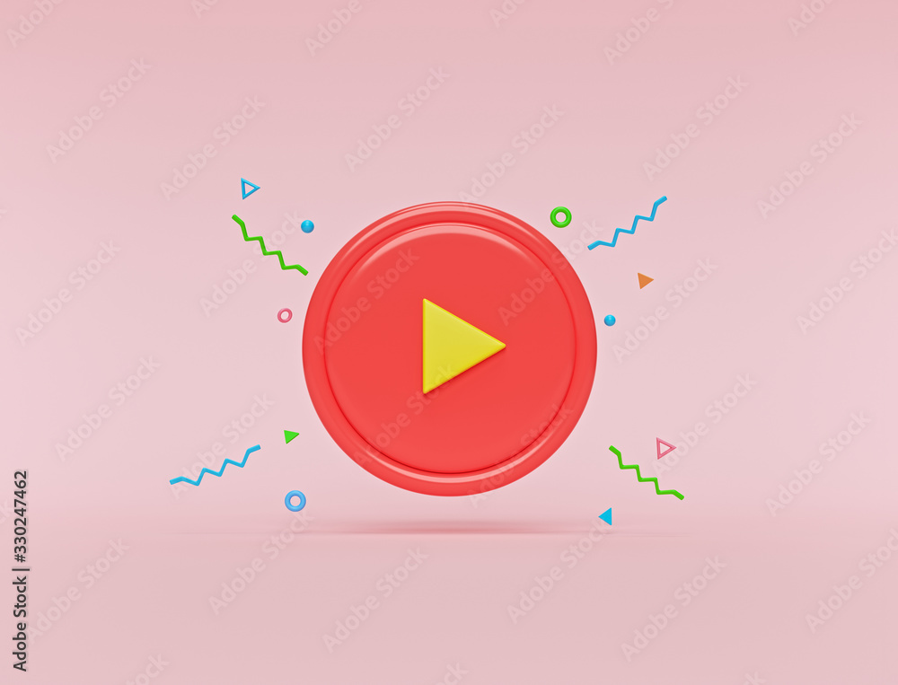 Poster red round play button with colorful decorations isolated on pastel pink background. concept of video