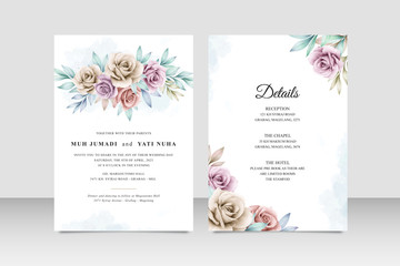 Beautiful wedding card template with flowers and leaves watercolor