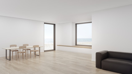 Naklejka na ściany i meble Table on wooden floor of large dining room near living area and sofa in modern beach house or luxury hotel. Minimal home interior 3d rendering with sea view.