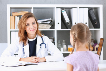 Little child at pediatrician reception. Physical exam appointment, cute infant portrait, baby aid, healthy lifestyle, ward round, child sickness, clinic test, high quality and trust concept