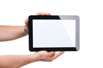 Man hoding black tablet frame in hand isolated on white closeup. Can insert an image image your text for the concept or project development of mobile applications, their advertising for mobile devices