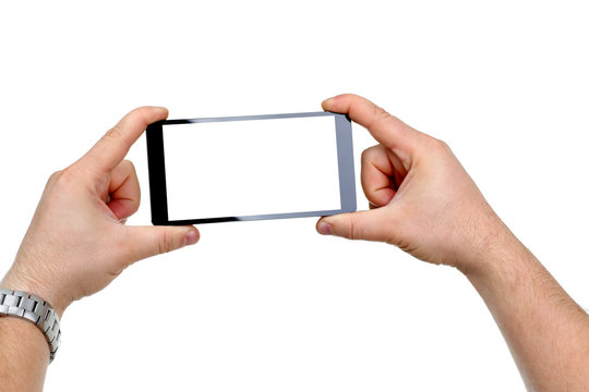 Male hand hoding smartphone isolated on white background. You can insert an image image of your text for the concept or project development of mobile applications and their advertising mobile devices