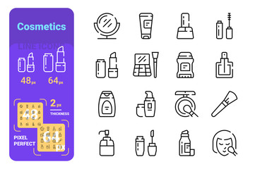 Set cosmetics simple lines icons of skin care and beauty.