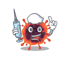 Friendly nurse of corona virus zone mascot design holding syringe