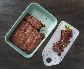 brownie with hazelnuts on the wooden background