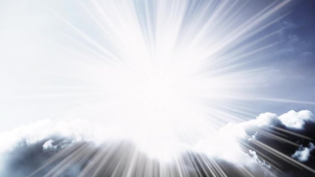 Creative 4K video with the parallax effect of the sky with moving cumulus clouds and bright sunlight with the rays of the sun, like from the stars. The concept of open mind, meditation.