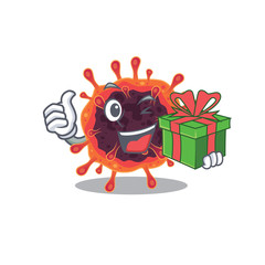 Smiley corona virus zone cartoon character having a gift box