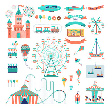 Amusement park vector flat elements set. Family attractions isolated on white background.
