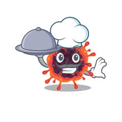 Corona virus zone as a chef cartoon character with food on tray
