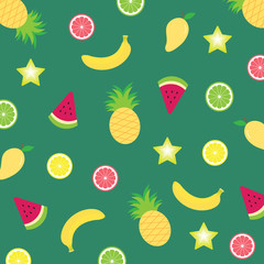 Mix tropical fruits seamless pattern isolated on green background.Summer fruit concept.