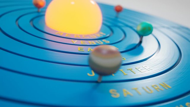 Toy Solar system. 8 planets rotating around the light bulb imitating the Sun.