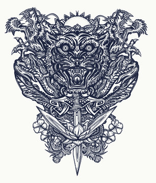 Dragons, tiger head, rising sun, sakura, lotus flowers and crossed swords. Oriental art. Ancient China and Japan style. Mythology and culture. Yakuza tattoo. Traditional asian concept
