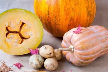 Autumn still life with a crop of vegetables : pumpkin, potatoes with maple leaves