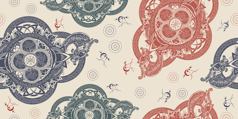 Dragons and celtic tree of life. Seamless pattern. Packing old paper, scrapbooking style. Vintage background. Medieval manuscript, engraving art. Mystic tribal symbol