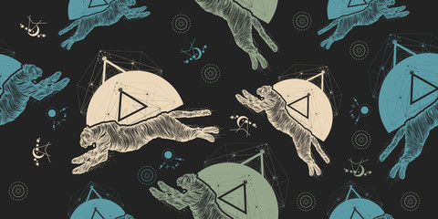 Running cheetah seamless pattern. Packing old paper, scrapbooking style. Vintage background. Medieval manuscript, engraving art. Jumping panther, mystical, sacred geometry © intueri