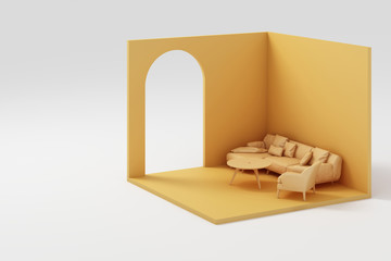 Set of  yellow furniture mock up and isometric wall 3d rendering