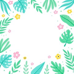 Fototapeta na wymiar Tropical summer leaf frame for text border, greeting card, poster design. Exotic floral decoration of hawaii style. Vector illuatration of trendy style.
