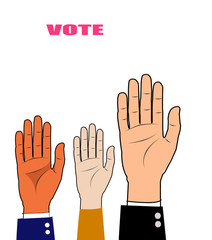 Voting rising hands vector concept in flat style,sketch of human hand with five fingers,Raised hands volunteering concept.