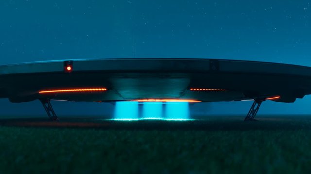 Flying saucer with flashy spotlights is landing. on the grassy meadow Render 4k