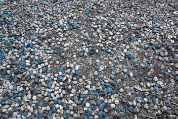 Gravel black and white stone pebbles scattered on ground dirt and earth