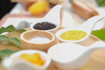 brown sticky rice coconut milk ripe mango. traditional Thai dessert