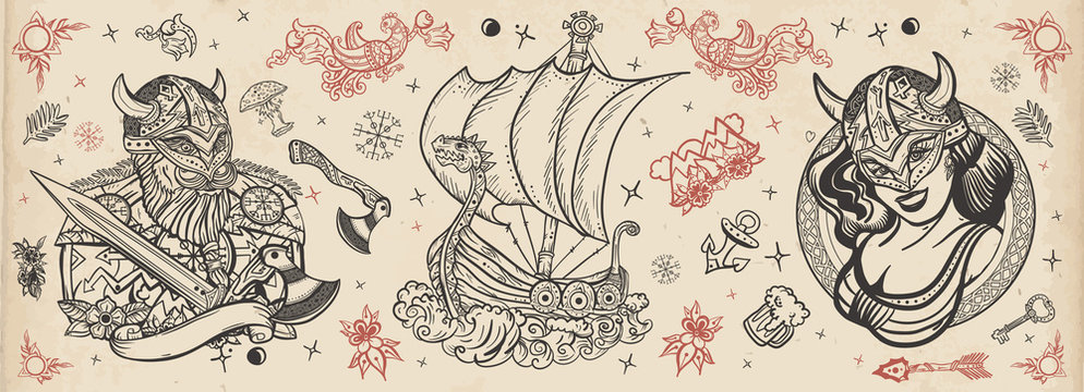 Vikings. Old school tattoo vector collection. Medieval barbarian, long boat, woman warrior. Valhalla art. Northern history. Traditional tattooing style. Scandinavian culture